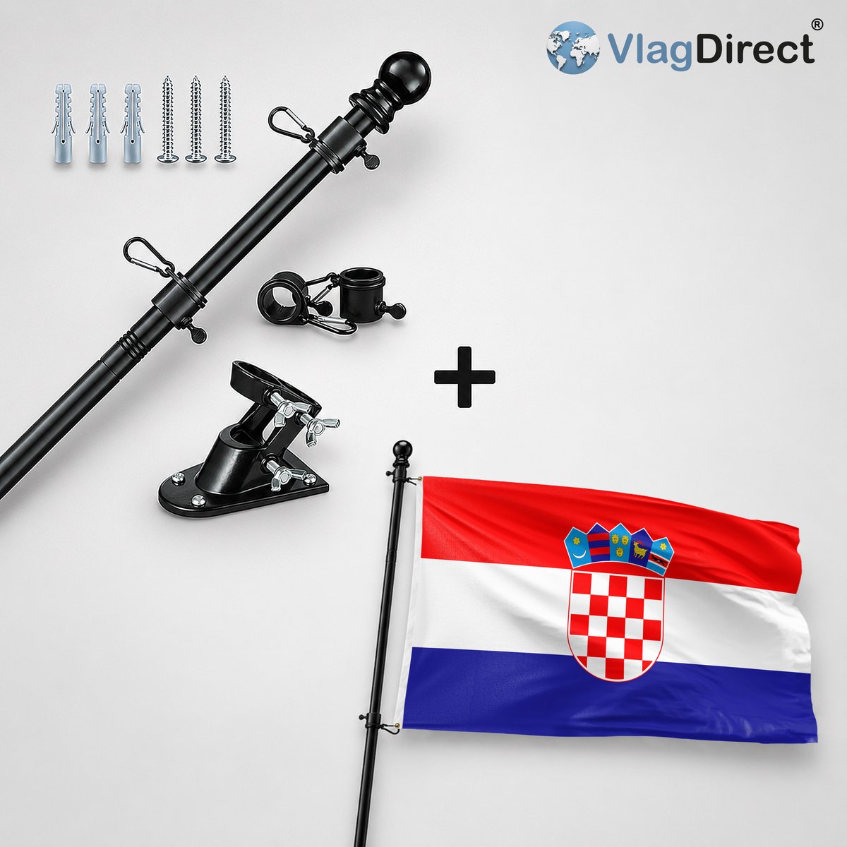 VlagDirect - Compleet vlaggenpakket - Zwarte vlaggenstok inclusief vlaggenstokhouder + Kroatische vlag - Kroatië vlag - 90 x 150 cm.