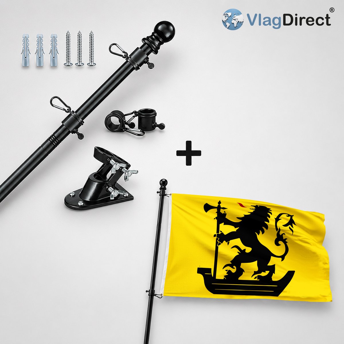 VlagDirect - Compleet vlaggenpakket - Zwarte vlaggenstok inclusief vlaggenstokhouder + Nieuwpoortse vlag - Gemeente Nieuwpoort vlag - 90 x 150 cm.