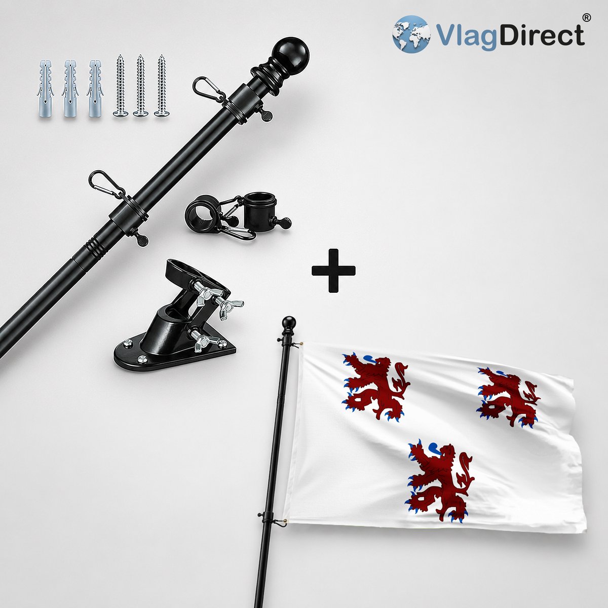 VlagDirect - Compleet vlaggenpakket - Zwarte vlaggenstok inclusief vlaggenstokhouder + Oud-Turnhoutse vlag - Gemeente Oud-Turnhout vlag - 90 x 150 cm.