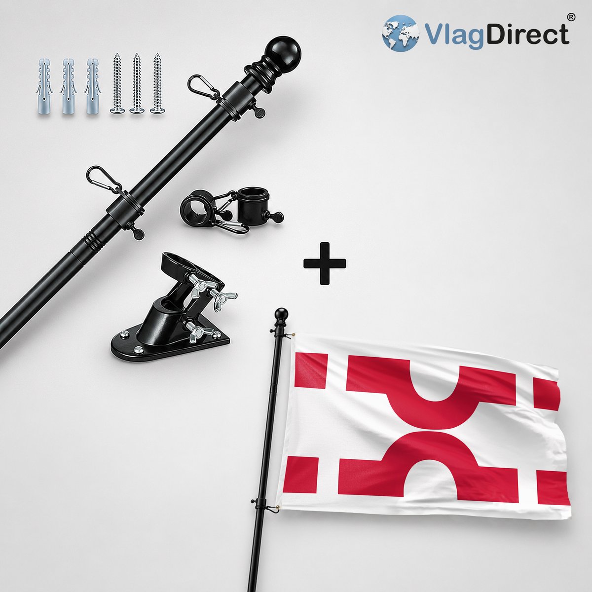 VlagDirect - Compleet vlaggenpakket - Zwarte vlaggenstok inclusief vlaggenstokhouder + Losser vlag - Gemeente Losser vlag - 90 x 150 cm.