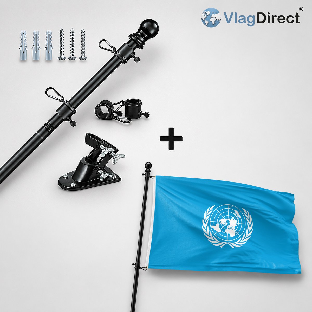 VlagDirect - Compleet vlaggenpakket - Zwarte vlaggenstok inclusief vlaggenstokhouder + Verenigde Naties vlag - 90 x 150 cm