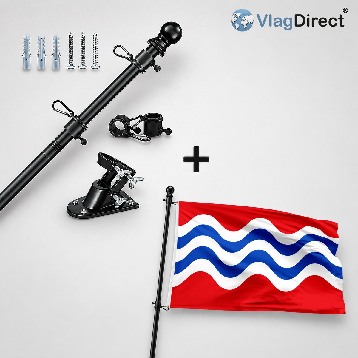 VlagDirect - Compleet vlaggenpakket - Zwarte vlaggenstok inclusief vlaggenstokhouder + Sint-Laureinse vlag - Gemeente Sint-Laureins vlag - 90 x 150 cm.