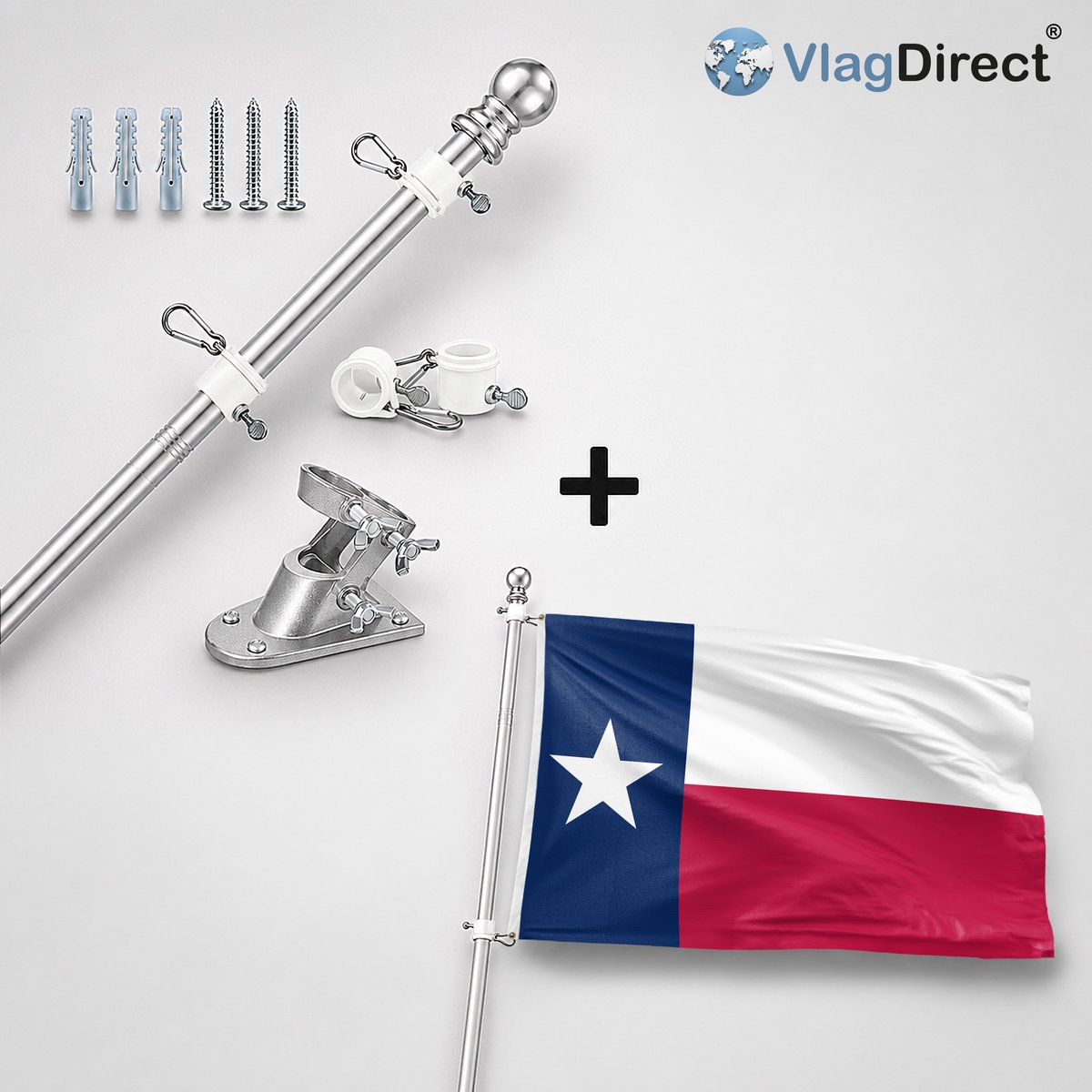 VlagDirect - Compleet vlaggenpakket - Zilveren vlaggenstok inclusief vlaggenstokhouder + Texaanse vlag - Texas vlag - 90 x 150 cm.