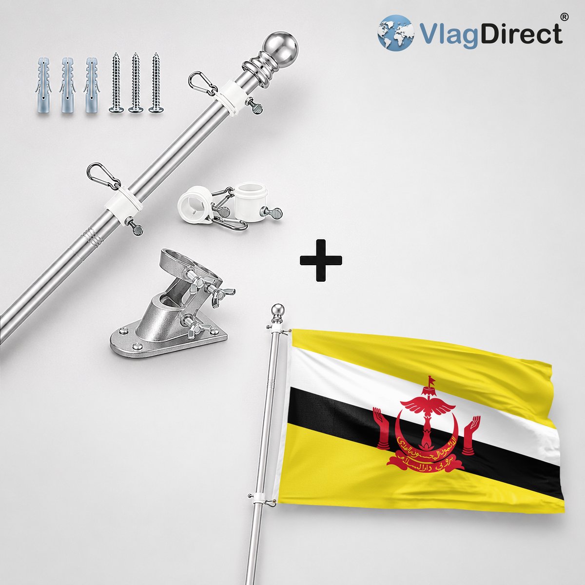 VlagDirect - Compleet vlaggenpakket - Zilveren vlaggenstok inclusief vlaggenstokhouder + Brunese vlag - Brunei vlag - 90 x 150 cm.