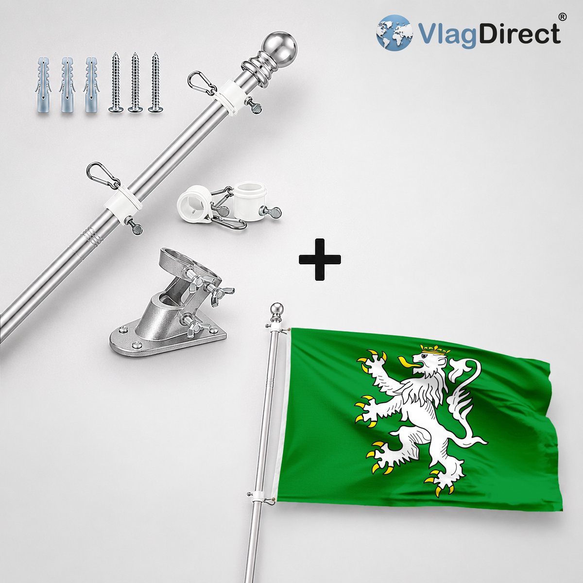 VlagDirect - Compleet vlaggenpakket - Zilveren vlaggenstok inclusief vlaggenstokhouder + Gemeente Itter vlag - 90 x 150 cm.