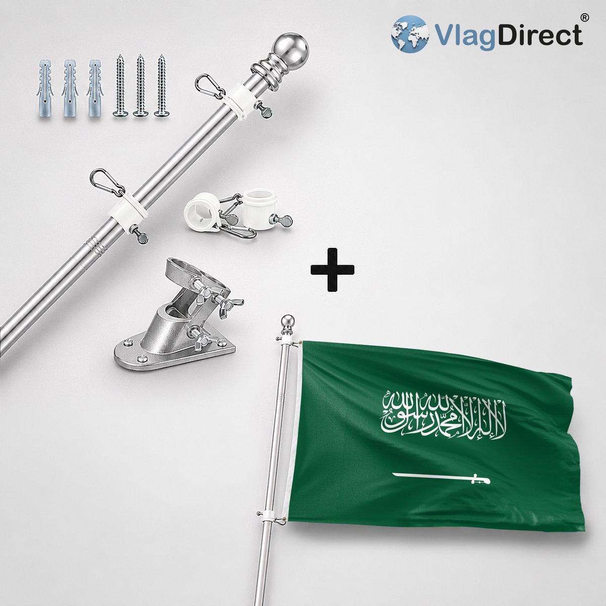 VlagDirect - Compleet vlaggenpakket - Zilveren vlaggenstok inclusief vlaggenstokhouder + Saoedi Arabische vlag - Saoedi Arabie vlag - Saudi Arabië vlag - 90 x 150 cm.