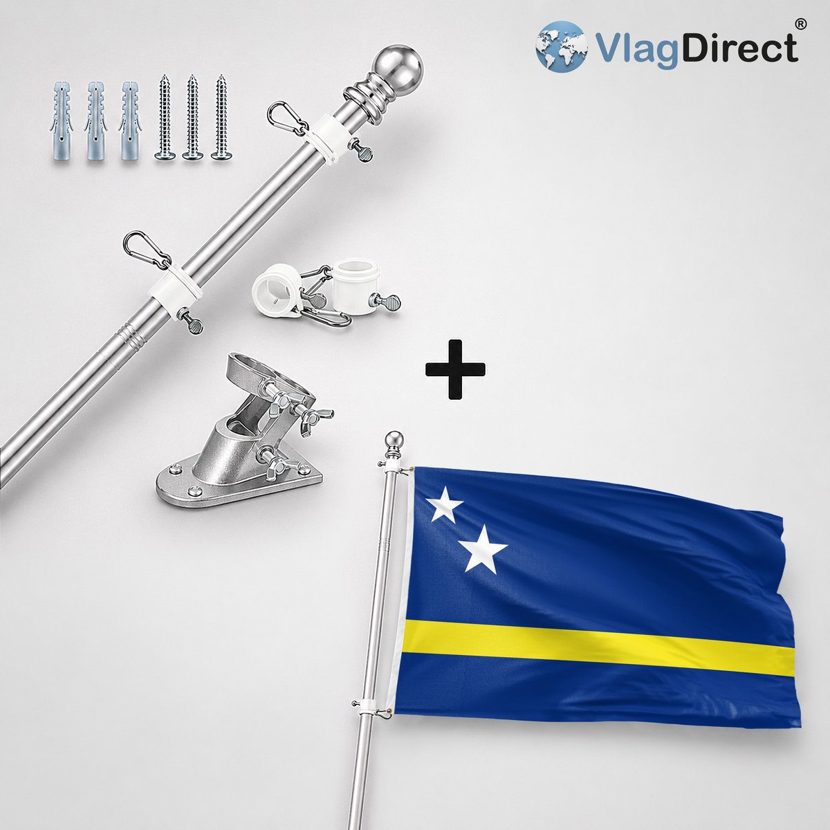 VlagDirect - Compleet vlaggenpakket - Zilveren vlaggenstok inclusief vlaggenstokhouder + Curacaose vlag - Curacao vlag - 90 x 150 cm.