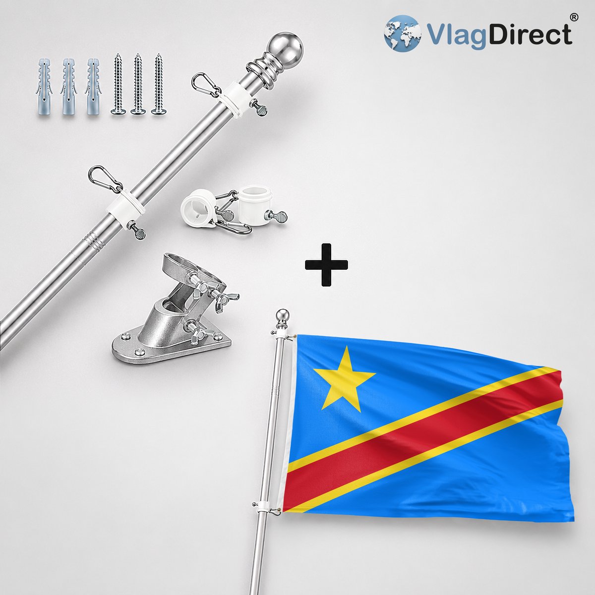 VlagDirect - Compleet vlaggenpakket - Zilveren vlaggenstok inclusief vlaggenstokhouder + Congolese vlag - Congo Kinshasa vlag - 90 x 150 cm.