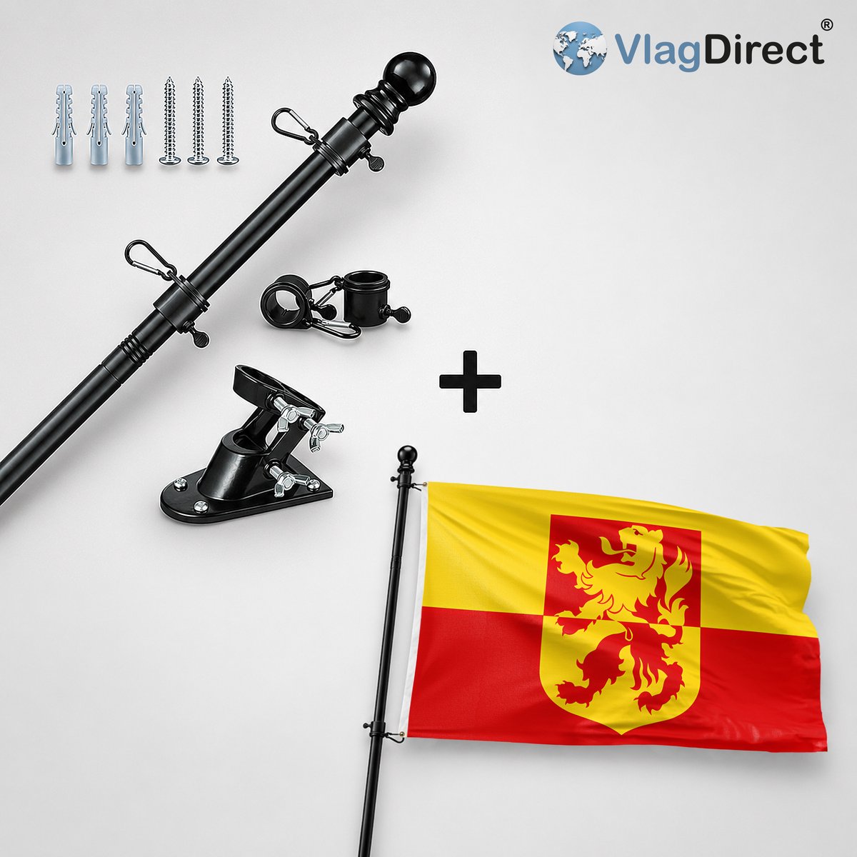 VlagDirect - Compleet vlaggenpakket - Zwarte vlaggenstok inclusief vlaggenstokhouder + Gemeente Asse vlag - 90 x 150 cm.