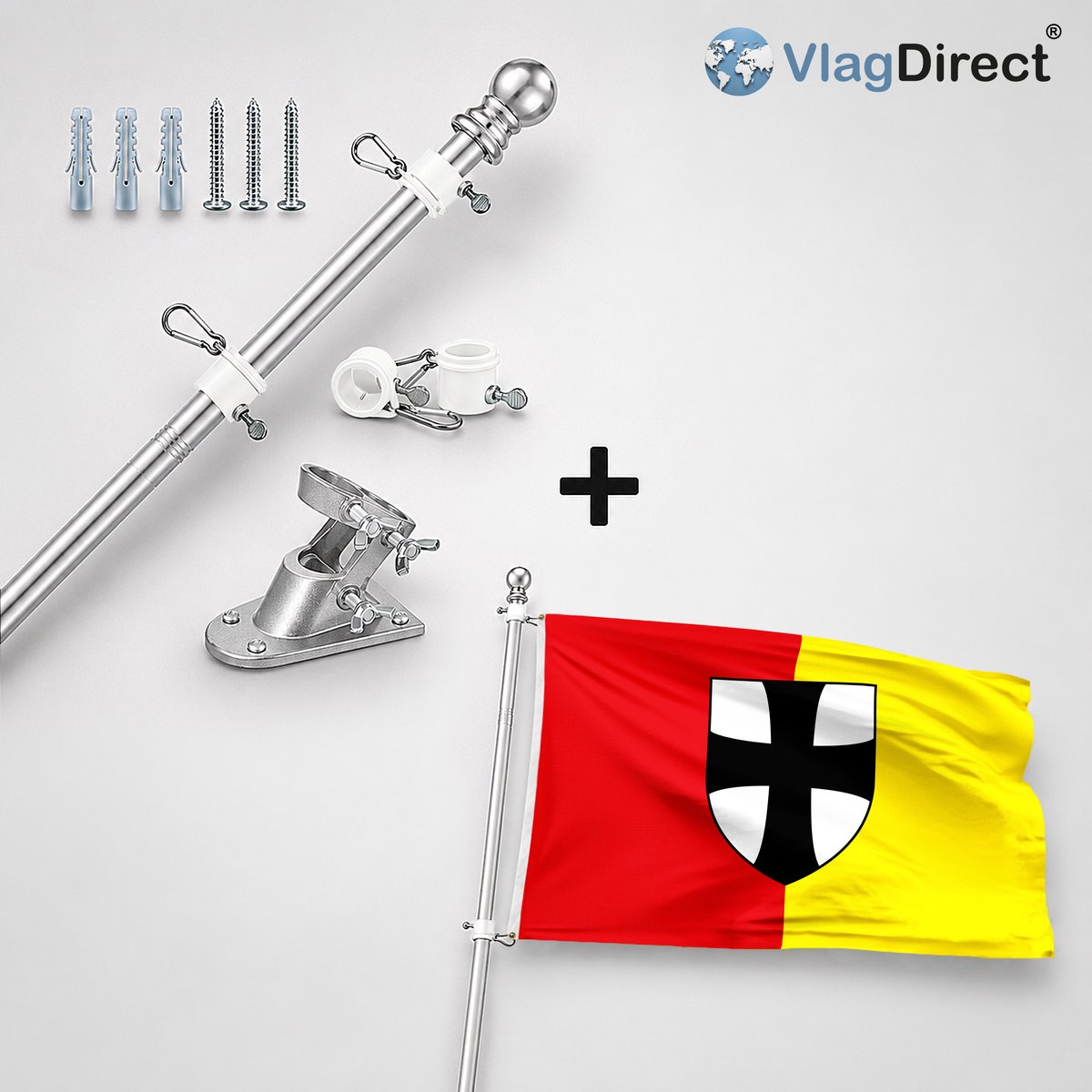 VlagDirect - Compleet vlaggenpakket - Zilveren vlaggenstok inclusief vlaggenstokhouder + Diepenbeekse vlag - Gemeente Diepenbeek vlag - 90 x 150 cm.