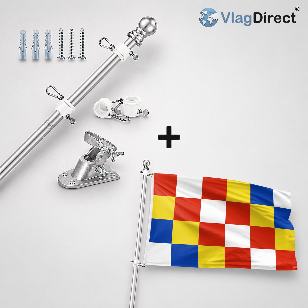 VlagDirect - Compleet vlaggenpakket - Zilveren vlaggenstok inclusief vlaggenstokhouder + Antwerpse vlag - Gemeente Antwerpen vlag - 90 x 150 cm.