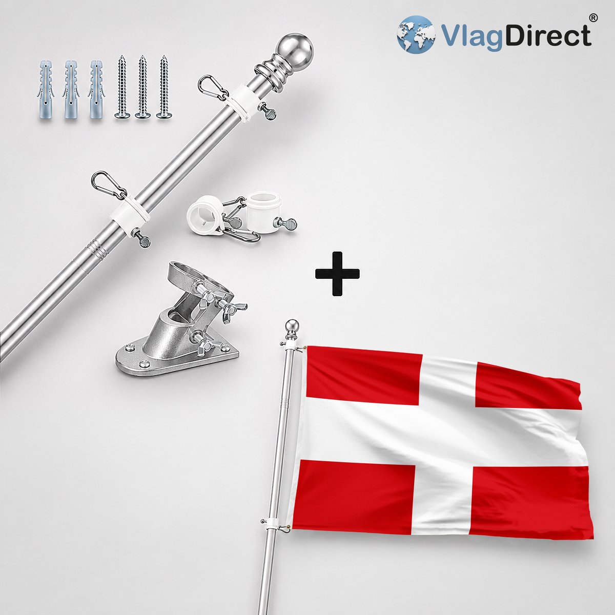 VlagDirect - Compleet vlaggenpakket - Zilveren vlaggenstok inclusief vlaggenstokhouder + Gemeente Spiere-Helkijn vlag - 90 x 150 cm.