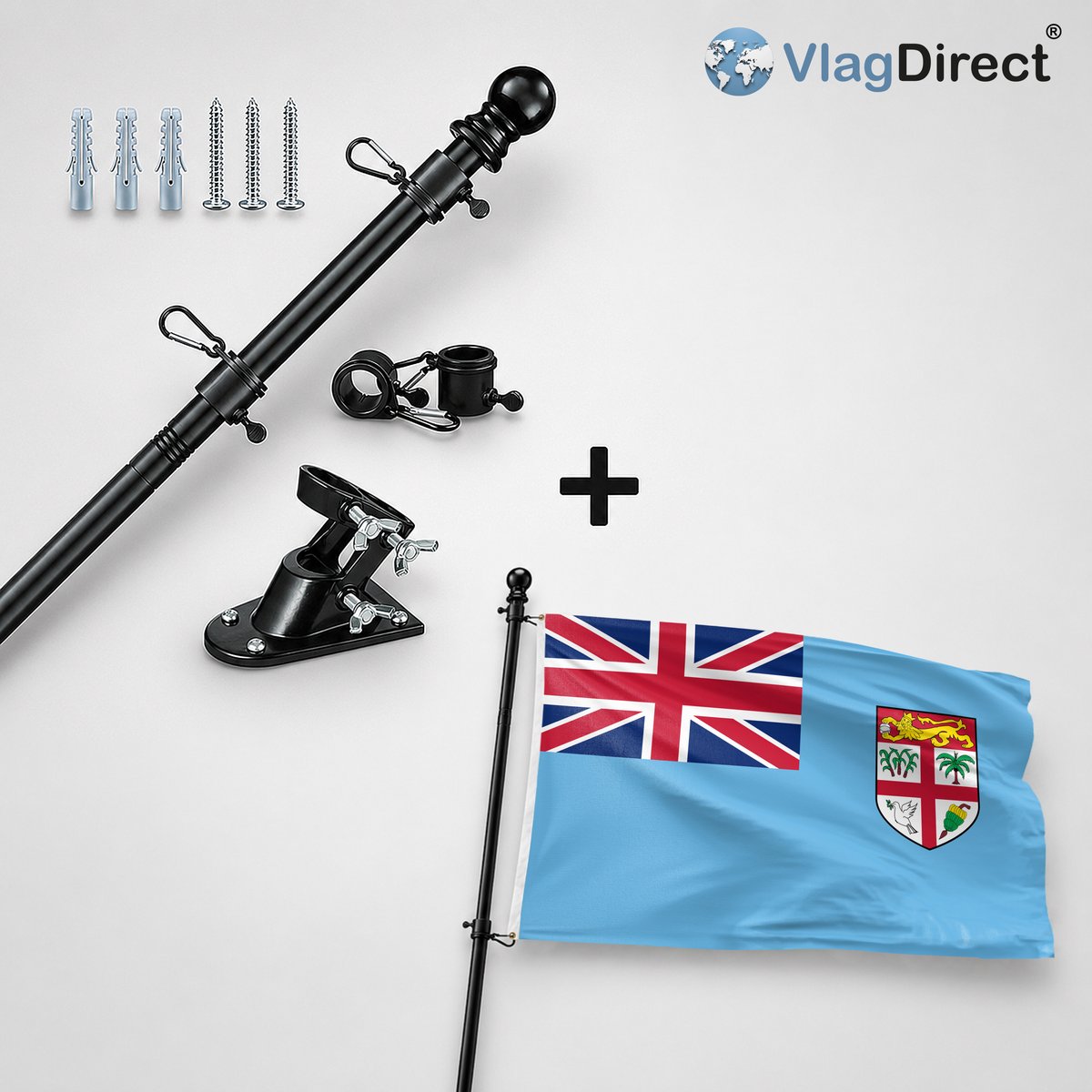 VlagDirect - Compleet vlaggenpakket - Zwarte vlaggenstok inclusief vlaggenstokhouder + Fijische vlag - Fiji vlag - 90 x 150 cm