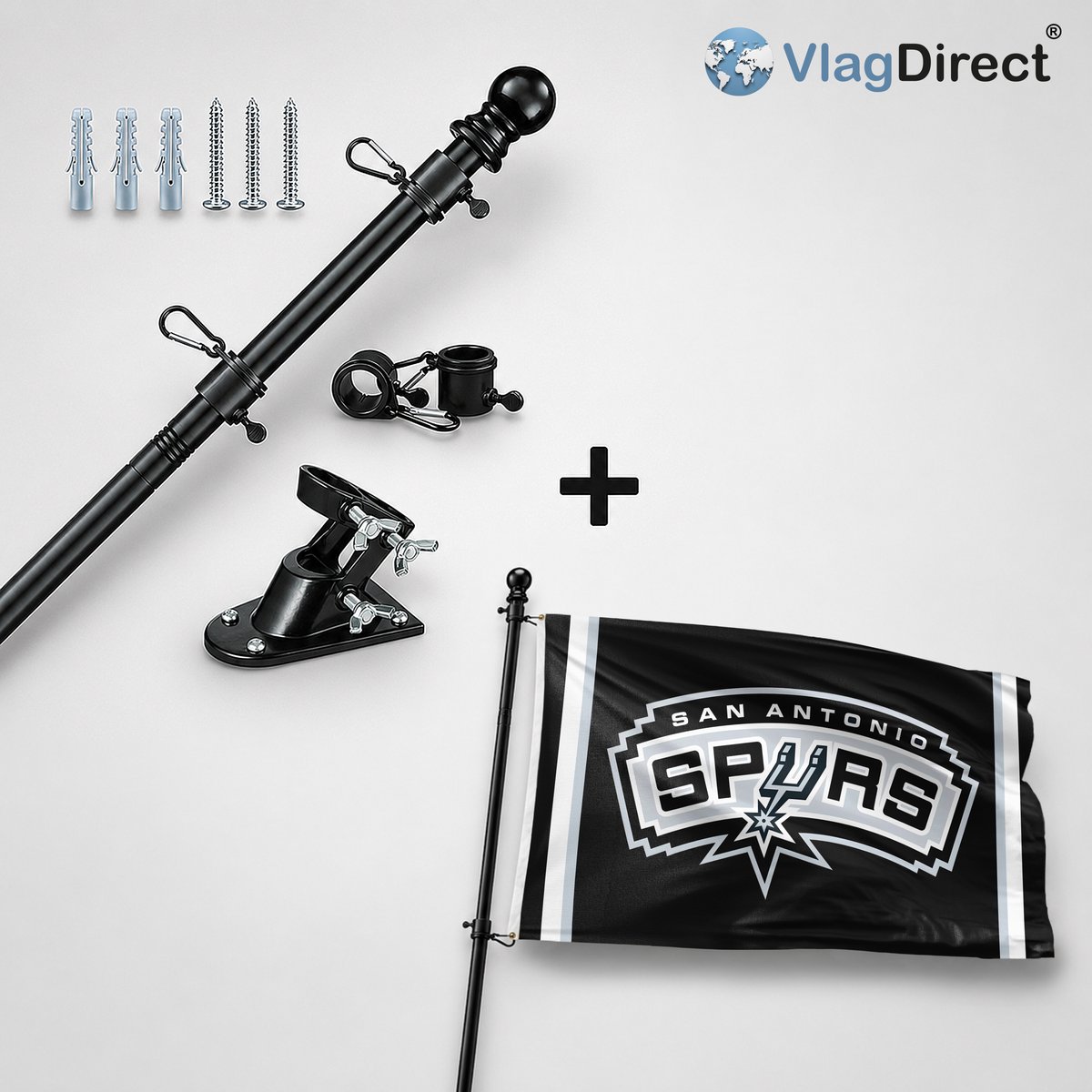 VlagDirect - Compleet vlaggenpakket - Zwarte vlaggenstok inclusief vlaggenstokhouder + San Antonio Spurs vlag - San Antonio Spurs basketbalteam vlag - 90 x 150 cm.