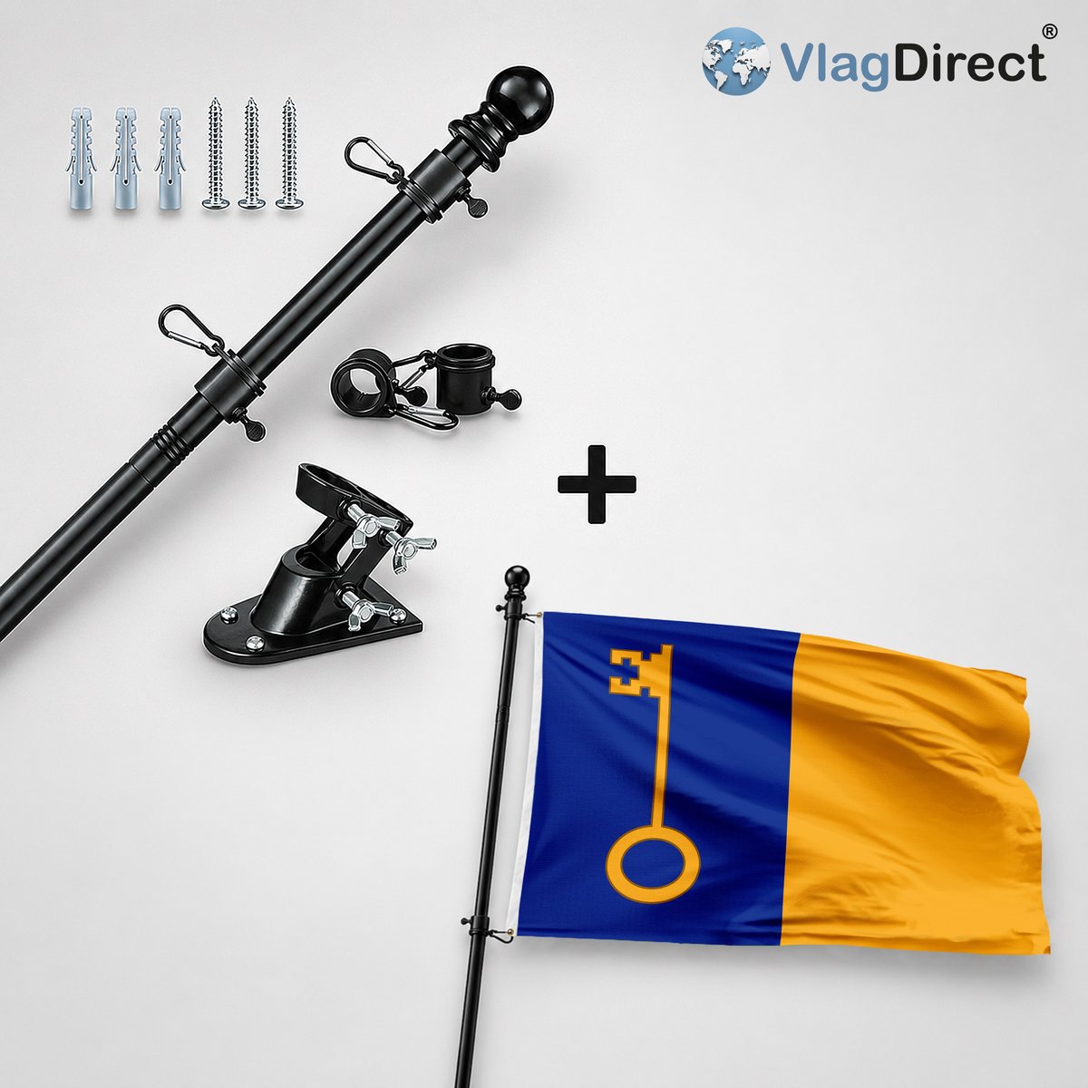 VlagDirect - Compleet vlaggenpakket - Zwarte vlaggenstok inclusief vlaggenstokhouder + Herenthoutse vlag - Gemeente Herenthout vlag - 90 x 150 cm.