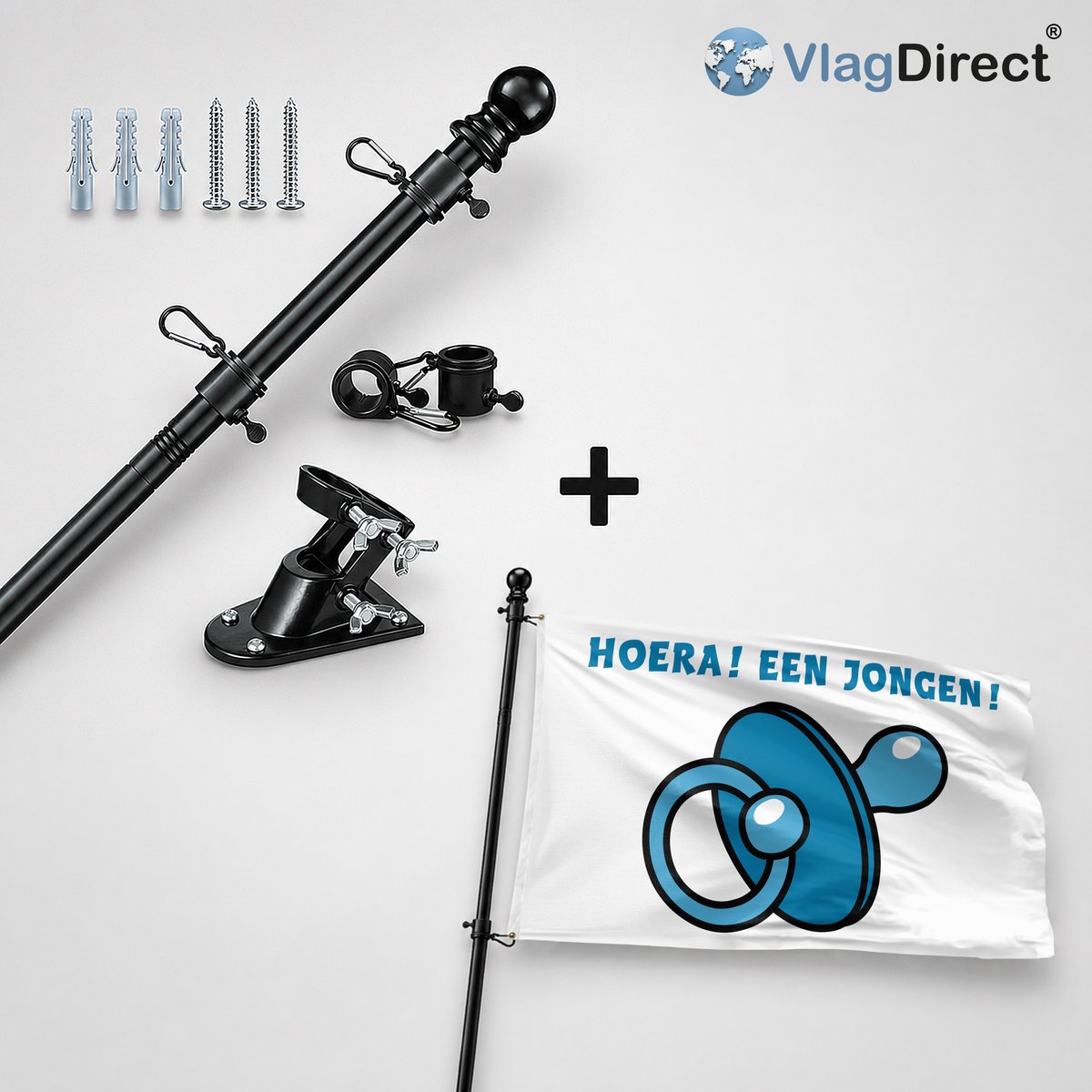 VlagDirect - Compleet vlaggenpakket - Zwarte vlaggenstok inclusief vlaggenstokhouder + Geboorte jongen vlag - Hoera een jongen vlag - 90 x 150 cm.
