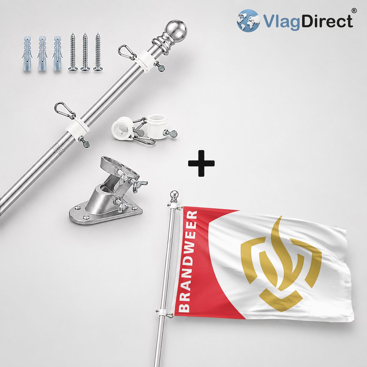 VlagDirect - Compleet vlaggenpakket - Zilveren vlaggenstok inclusief vlaggenstokhouder + Brandweer vlag - 90 x 150 cm.