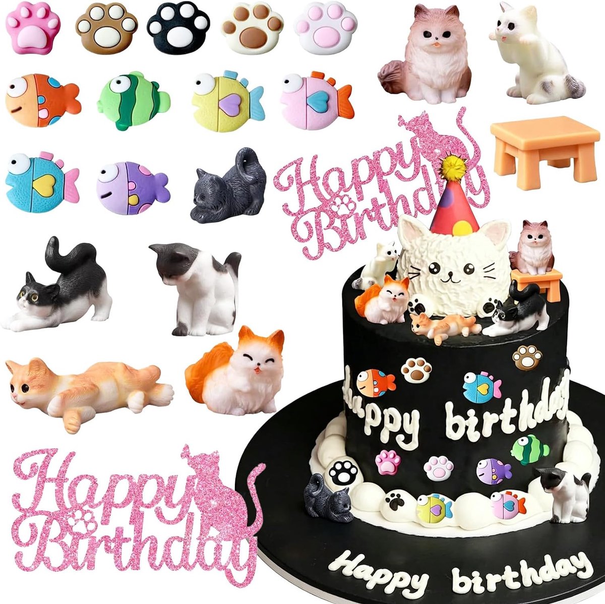 20 stuks taartdecoratie, dierenthema, pop, kat, kitty, dessert, tafeljurk, kinderverjaardagstaart, huisdierfeest - ShopVlot