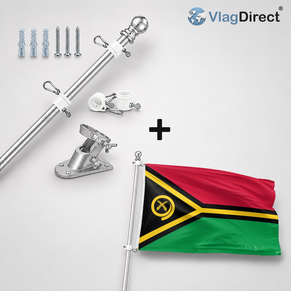 VlagDirect - Compleet vlaggenpakket - Zilveren vlaggenstok inclusief vlaggenstokhouder + Vanuatuaanse vlag - Vanuatu vlag - 90 x 150 cm