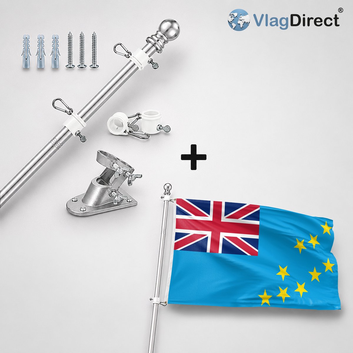 VlagDirect - Compleet vlaggenpakket - Zilveren vlaggenstok inclusief vlaggenstokhouder + Tuvaluaanse vlag - Tuvalu vlag - 90 x 150 cm