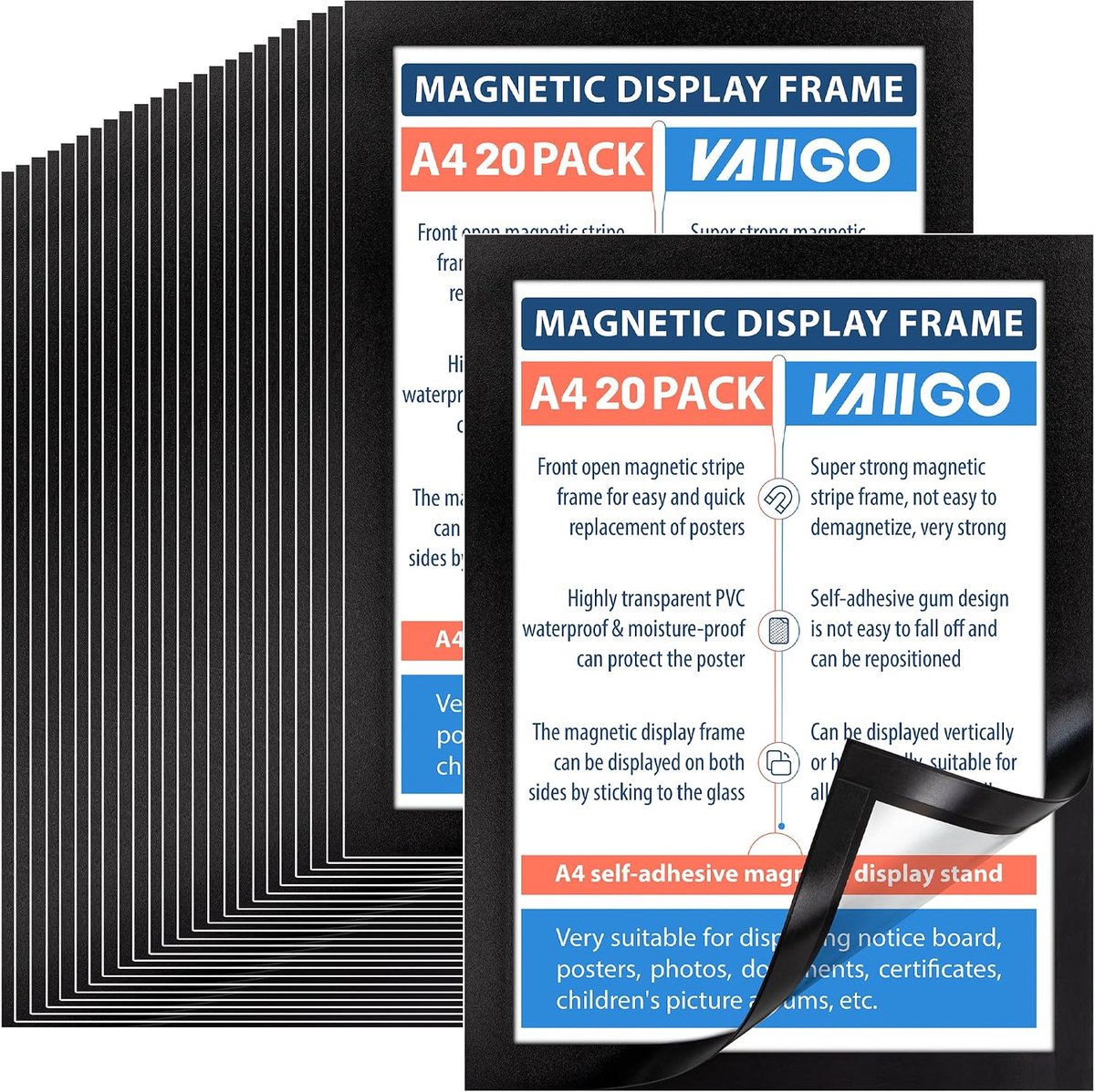 A4 Zelfklevende magnetische displaylijst, 20 stuks, magnetische papierhouder voor licentie, foto's, documenten, zwart - ShopVlot