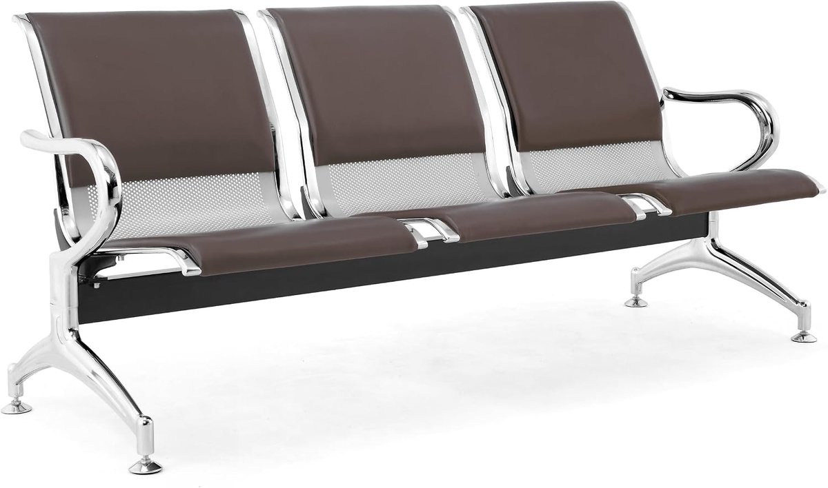 Sofa 3-seater steel 183x71x78H silver for waiting room - incl. seat cushion for seat and backrest dark brown 114 - ShopVlot