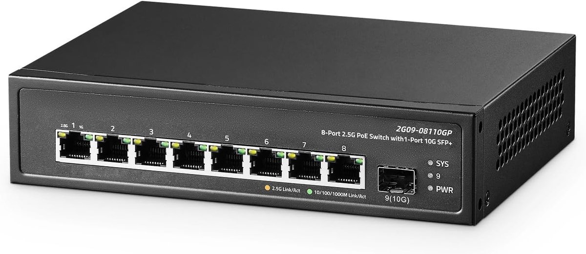 Binardat 9 Port 2.5G PoE Switch With 10G SFP+ Port, 8x2.5G Base-T Ports Compatible with 100/1000Mbps, IEEE802.3af/at - ShopVlot
