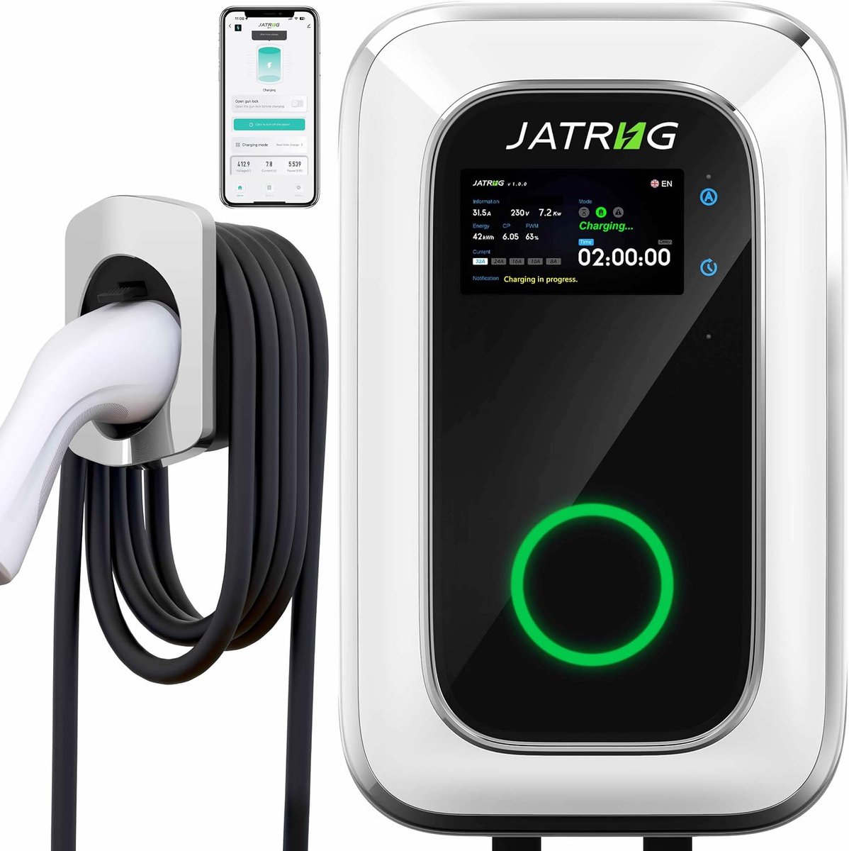 S1 Electric Vehicle Charging Station, 7 kW, 6 m, 32 A, Single Phase, Charging Station Type 2 IEC 62196-2, Fast Charger - ShopVlot