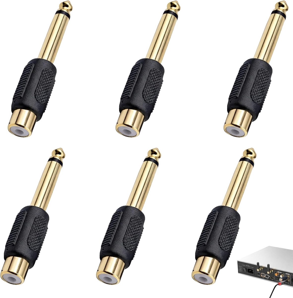 6 stuks audio-adapters, jack-adapter 6,35 mm op cinch-aansluiting, vergulde aansluitingen, compatibel met hifi - ShopVlot