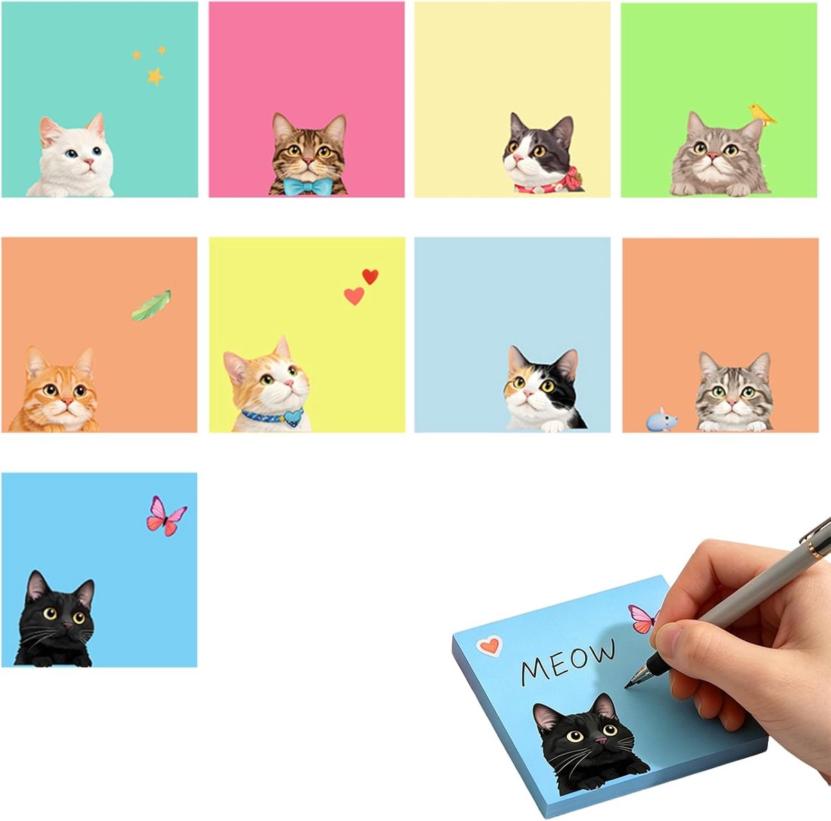 9 Stuks Kleurrijke Katten Memoblokken Zelfklevende Sticky Notes 7,5 x 7,5 cm, Schattige Katten Memo Stickers - ShopVlot