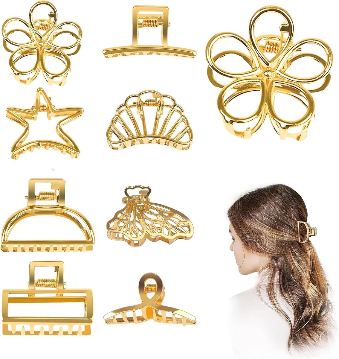 Shirene Gold Claw Clips, 8 Pcs Metal Hair Clips, Non-Slip, Fashion Accessories for Women and Girls - ShopVlot