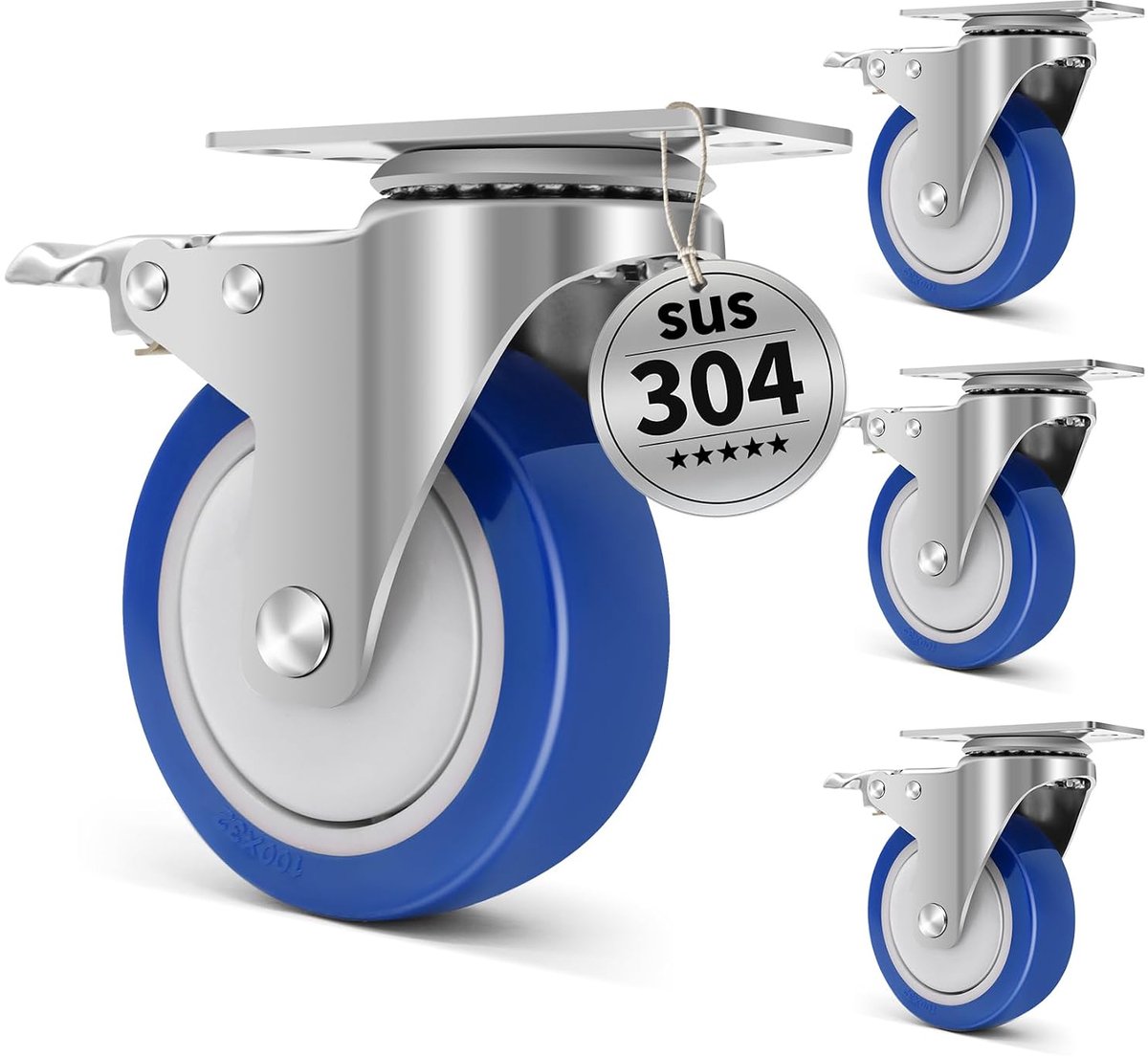 Stainless Steel Wheels with 4 Brakes, 100mm Wheels for Furniture, 800 kg Capacity, Heat Resistant Casters for - ShopVlot