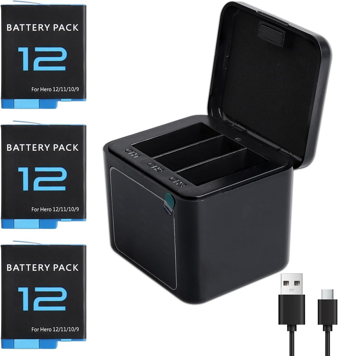 Batterijen en oplader voor GoPro Hero 12 11 10 9 - 3 x 1800mAh hoge capaciteit - 3-in-1 oplader met Type-C kabel - ShopVlot