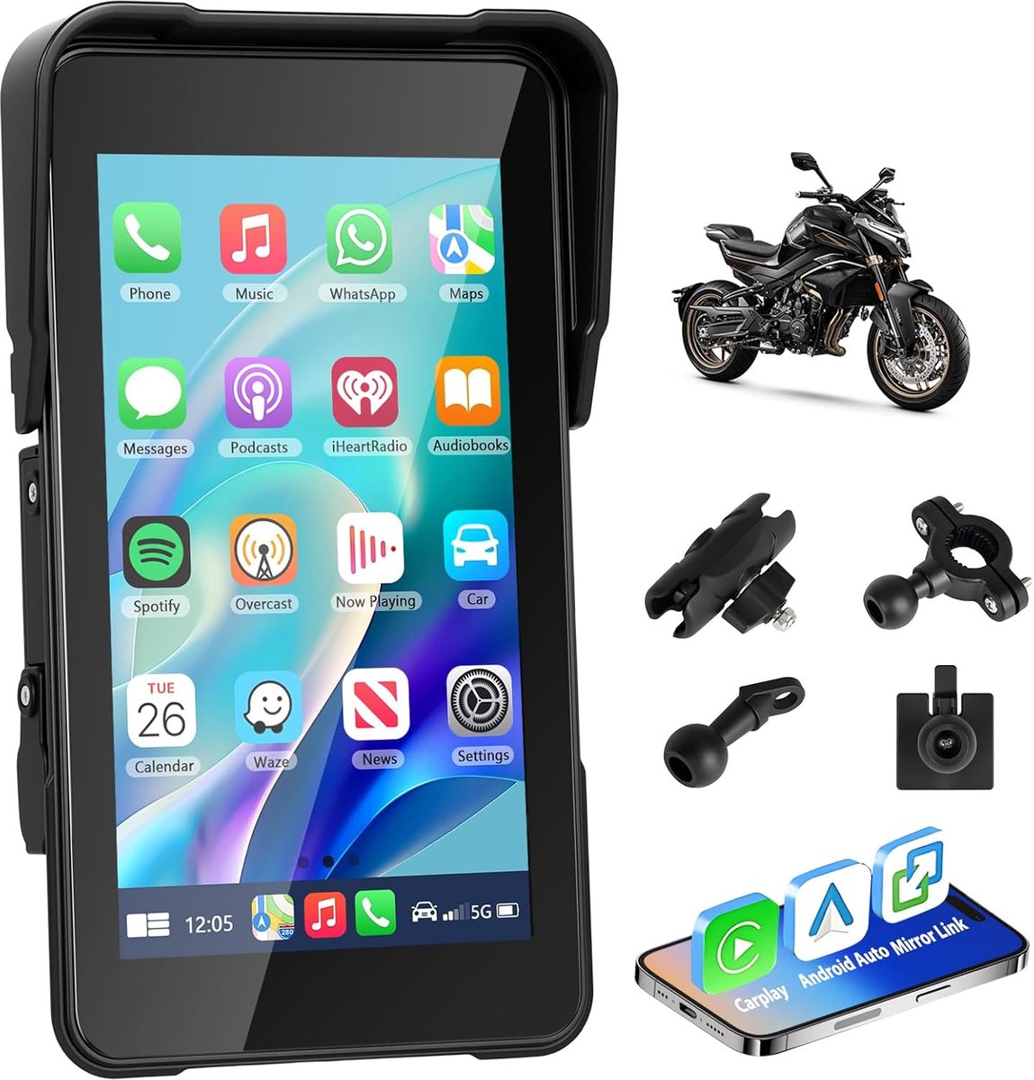 5 inch Carplay scherm voor motorfiets - waterdicht - aanraakscherm - eenvoudig navigeren - ShopVlot