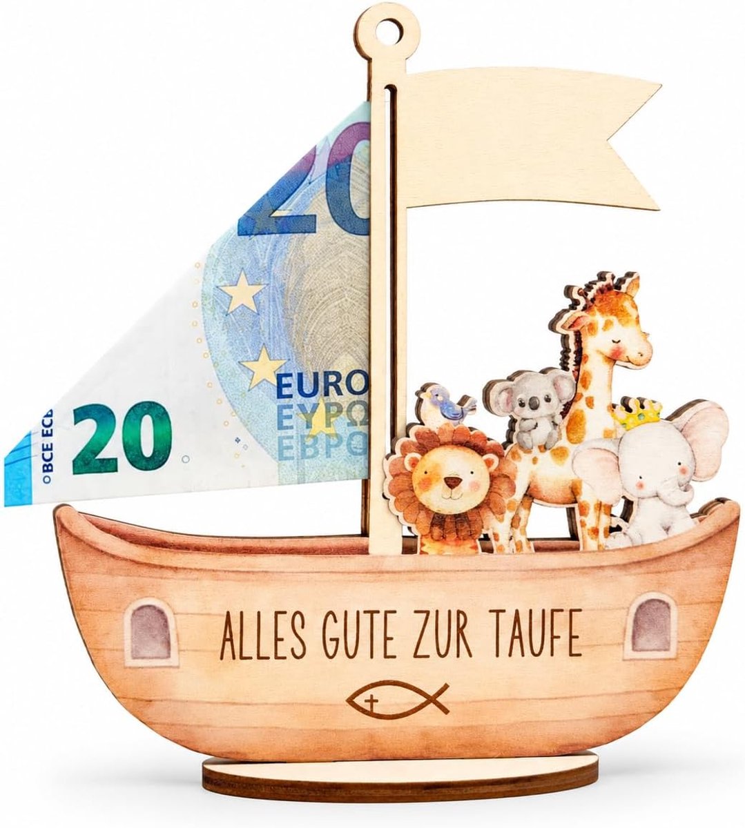 Houten schip als geldcadeau - inklapbare mast - schattige dierenfiguren - mooie decoratie voor doop - ShopVlot