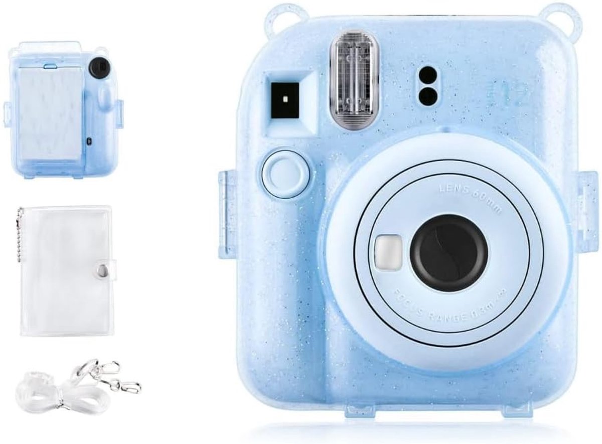 Rieibi Clear Case for Mini 12 - Glitter Case for Instant Camera with Back Photos Pocket, Clear Shoulder Strap and - ShopVlot