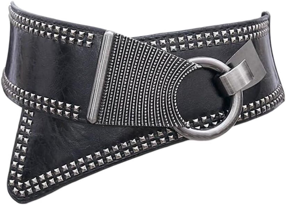 Oyccen ladies rivets elastic belt with metal buckle ladies waist cincher dress decoration, black set, One Size - ShopVlot