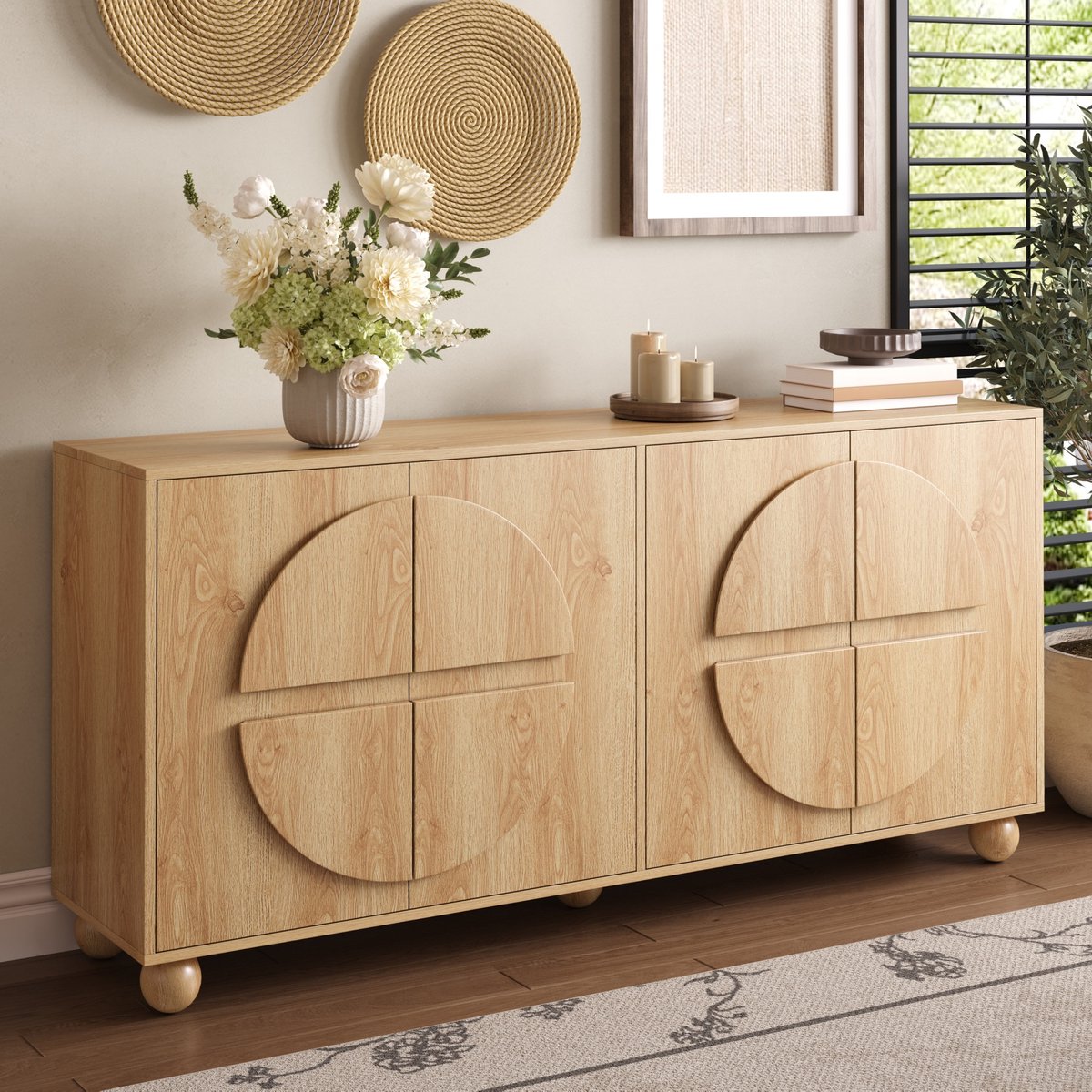 OKWISH Dressoir – 4-Deurs Sideboard – 160 x 38 x 76 cm – Verstelbare Planken – Dichte Opbergkast Voor Woonkamer En Hal – MDF En Dennenhout Naturel