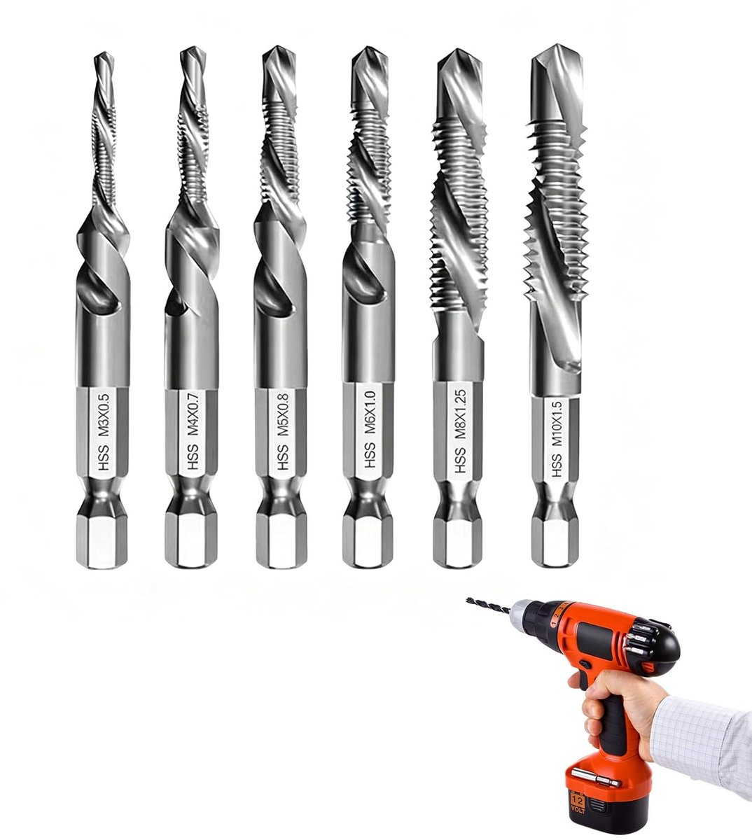 Set van 6 combi-tapboren M3 tot M10 met zeskantschacht 6 mm, roestwerende coating, multifunctioneel voor gelijktijdig - ShopVlot