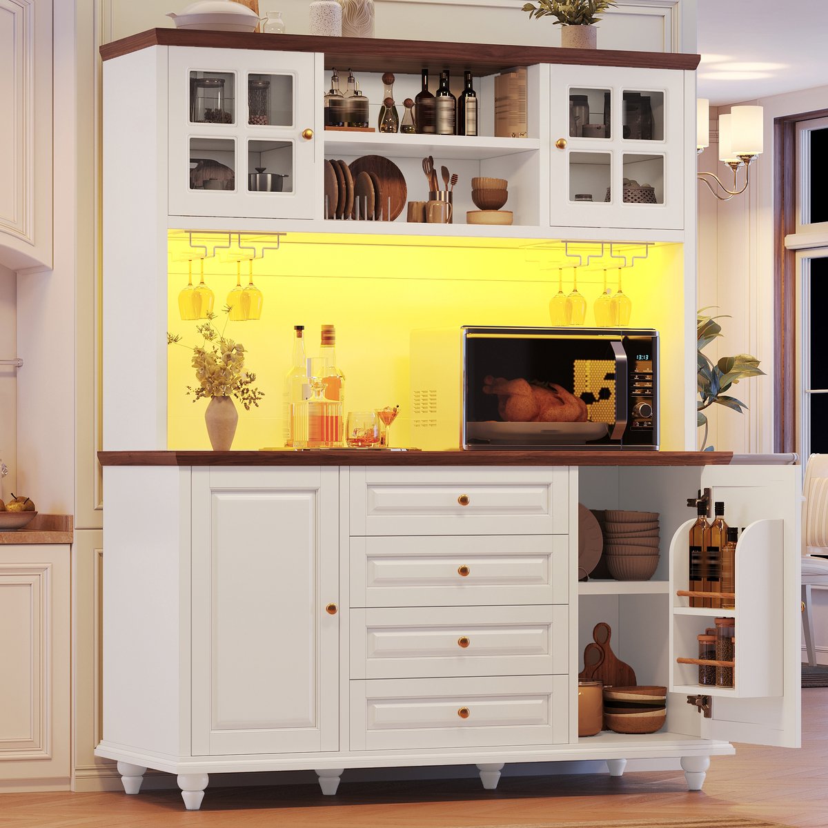 DESMIU Keukenkast - RGB Ledverlichting Met Verstelbare Planken En Glazenrek - Moderne Opbergkast Voor Keuken En Woonkamer - MDF - Wit - 140x40x179,5 Cm