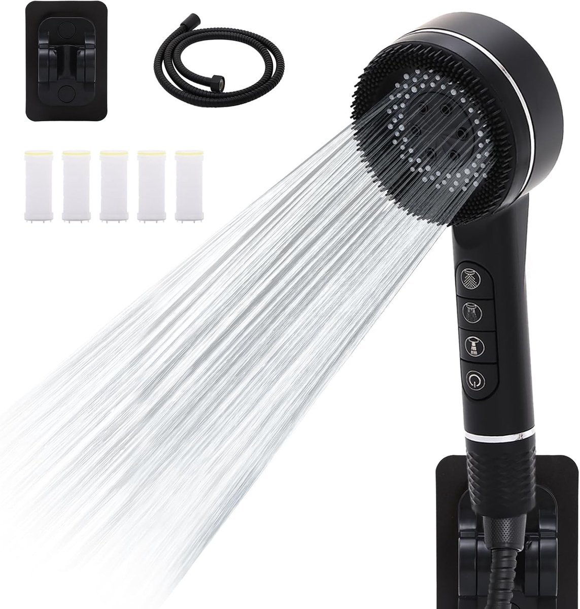 7VSHOTS High Pressure Shower Head with Stainless Steel Hose, 1.5 m, Filter Cartridge and Base Holder, 4 Spray Modes - ShopVlot