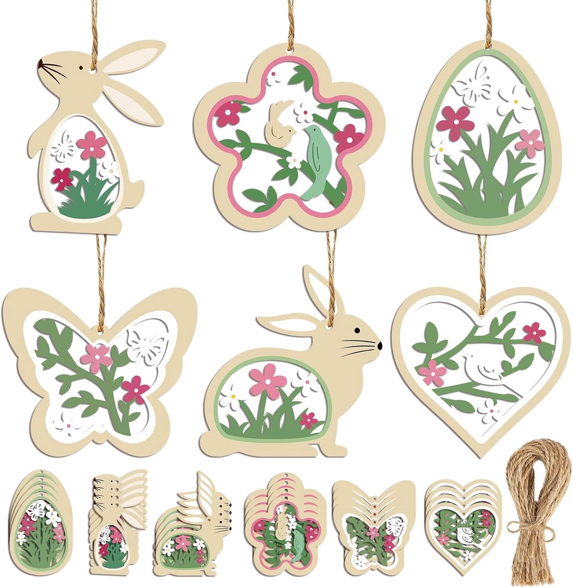24 stuks paaseieren om op te hangen, hout, lentedecoratie, paashaas, vlinders, bloemen, paasdecoratie (bevat 8 meter - ShopVlot