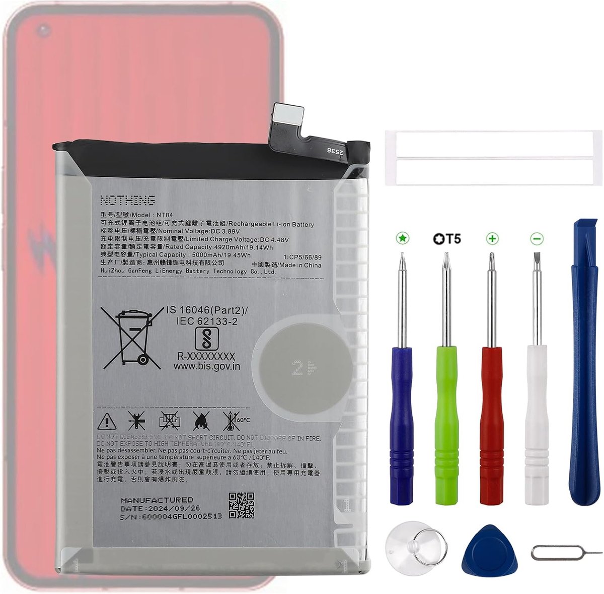5000 mAh nieuwe NT04 batterijvervanging compatibel met Phone4 reservebatterij met bijgewerkte reparatiegereedschapsset - ShopVlot