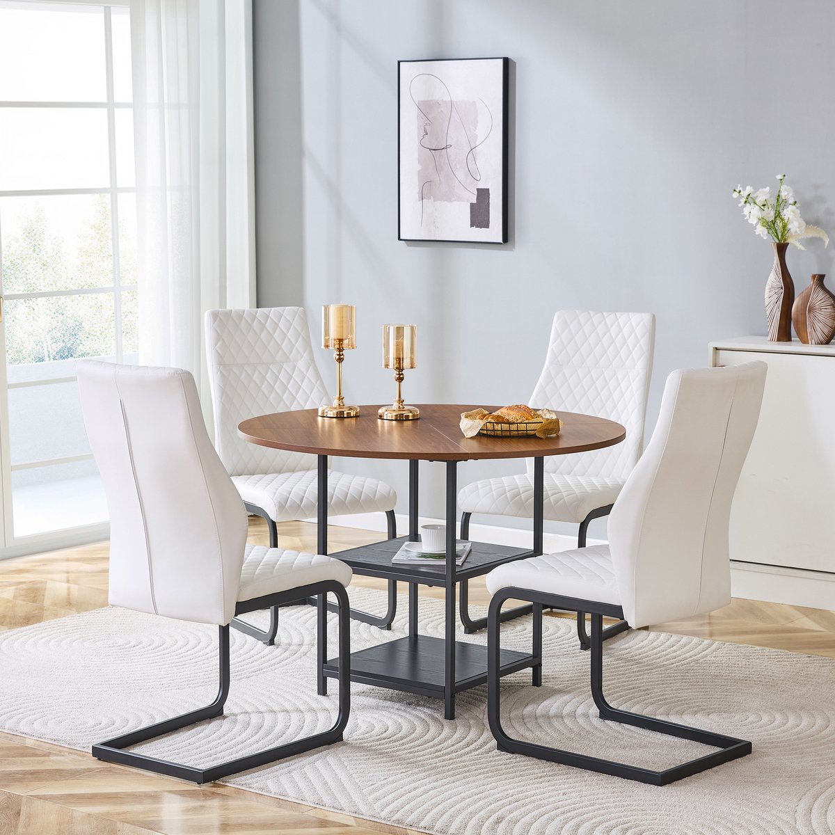 COVREO Eettafel set 107 cm walnoot en wit, van MDF en metaal, met opbergniveau
