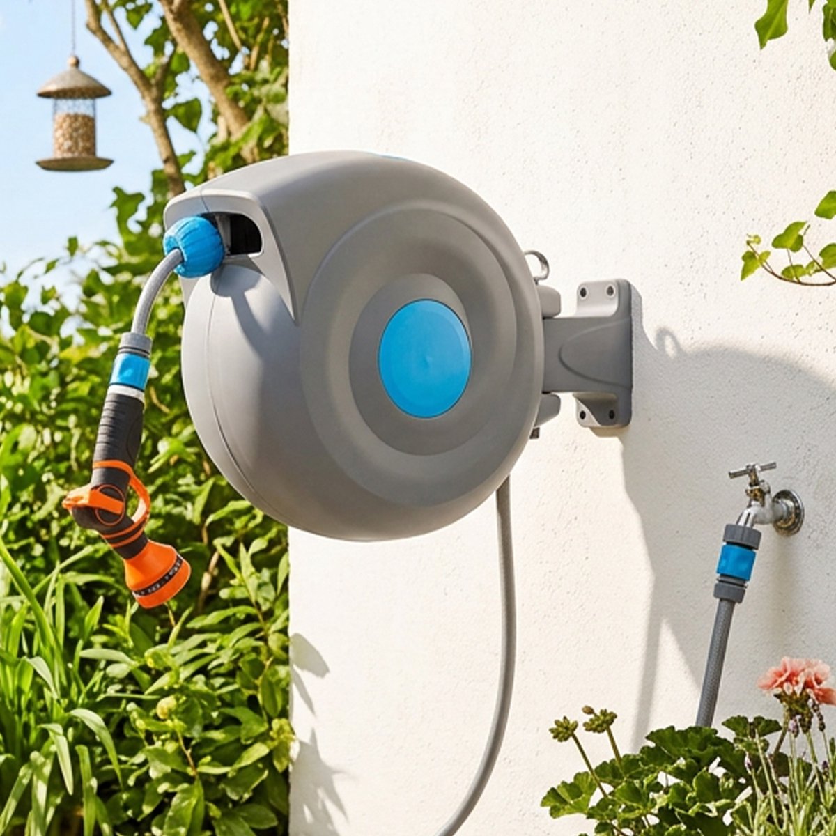 COVREO Tuinslanghaspel 20 m blauw, kunststof met automatische terugloop