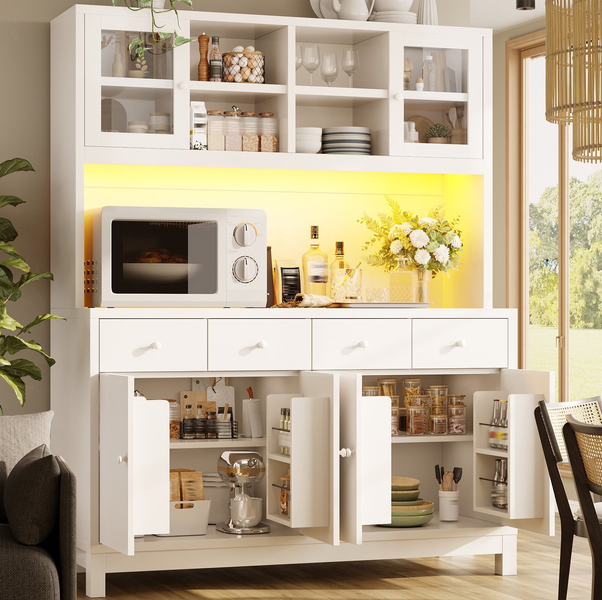 DESMIU Keukenkast - Hoge Kast Met Glazen Deuren, 4 Lades En Verstelbare Planken - Voor Keuken, Eetkamer En Woonkamer - MDF - Wit - 140x38,5x180 Cm