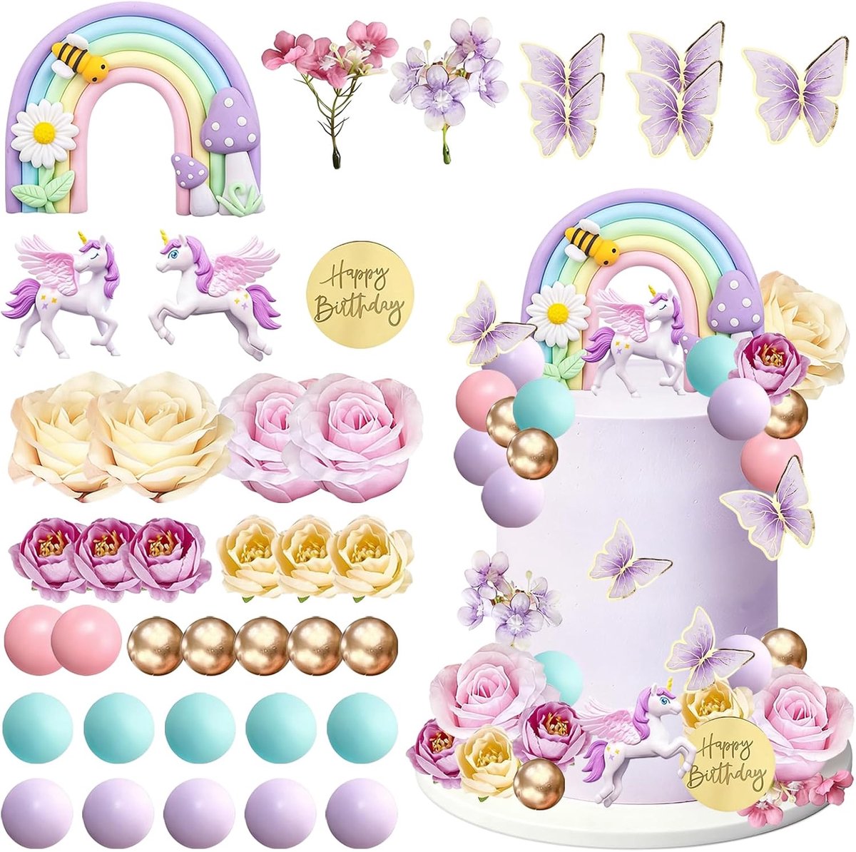 Eenhoorn taartdecoratie, eenhoorn taartdecoratie verjaardag meisjes, macaron taartdecoratie, 3D eenhoorns taarttopper - ShopVlot