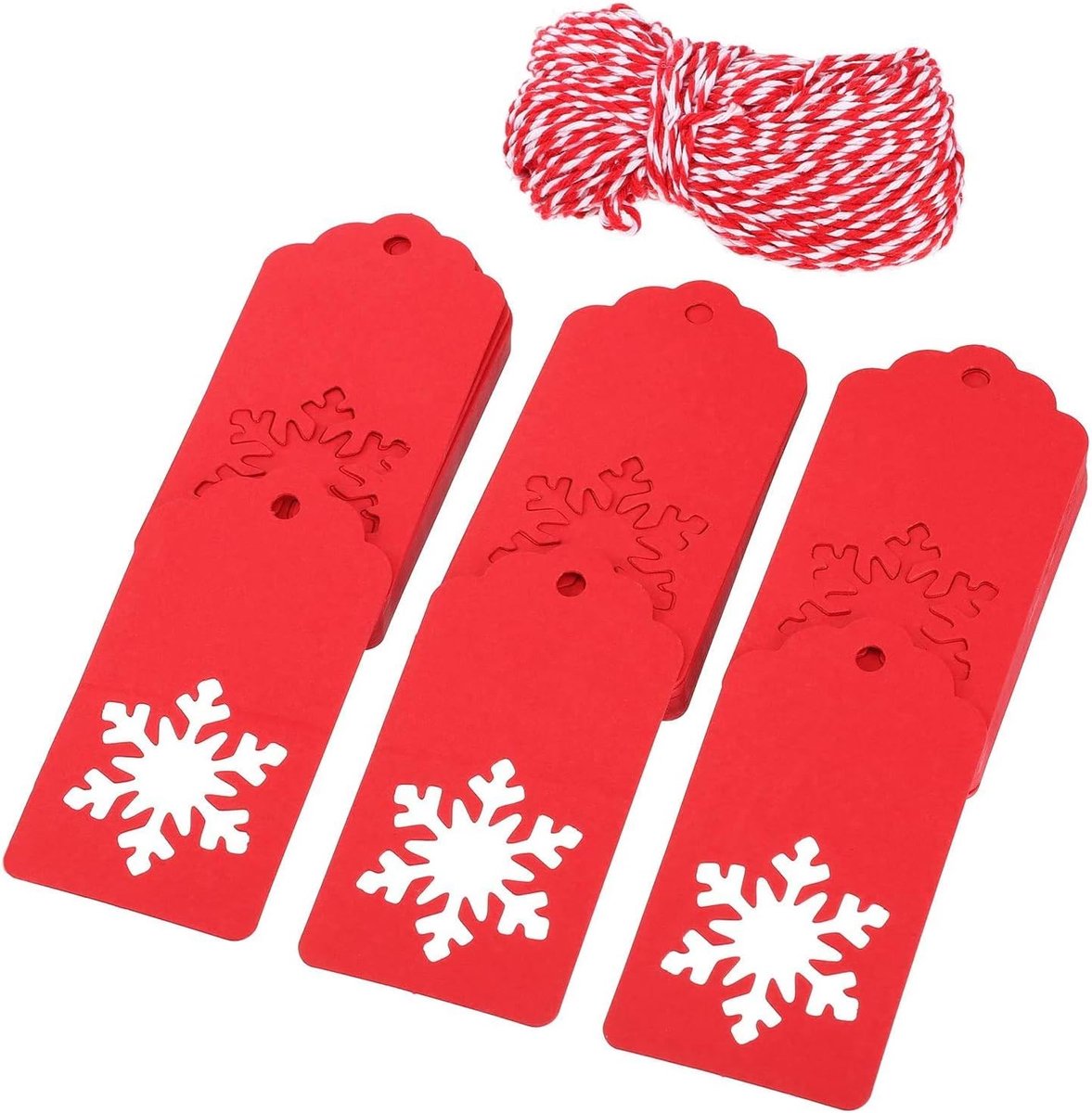 Kraftpapier hangtags 100 stuks - rode sneeuwvlokvorm - met jute touw - ideaal voor kersttags - ShopVlot
