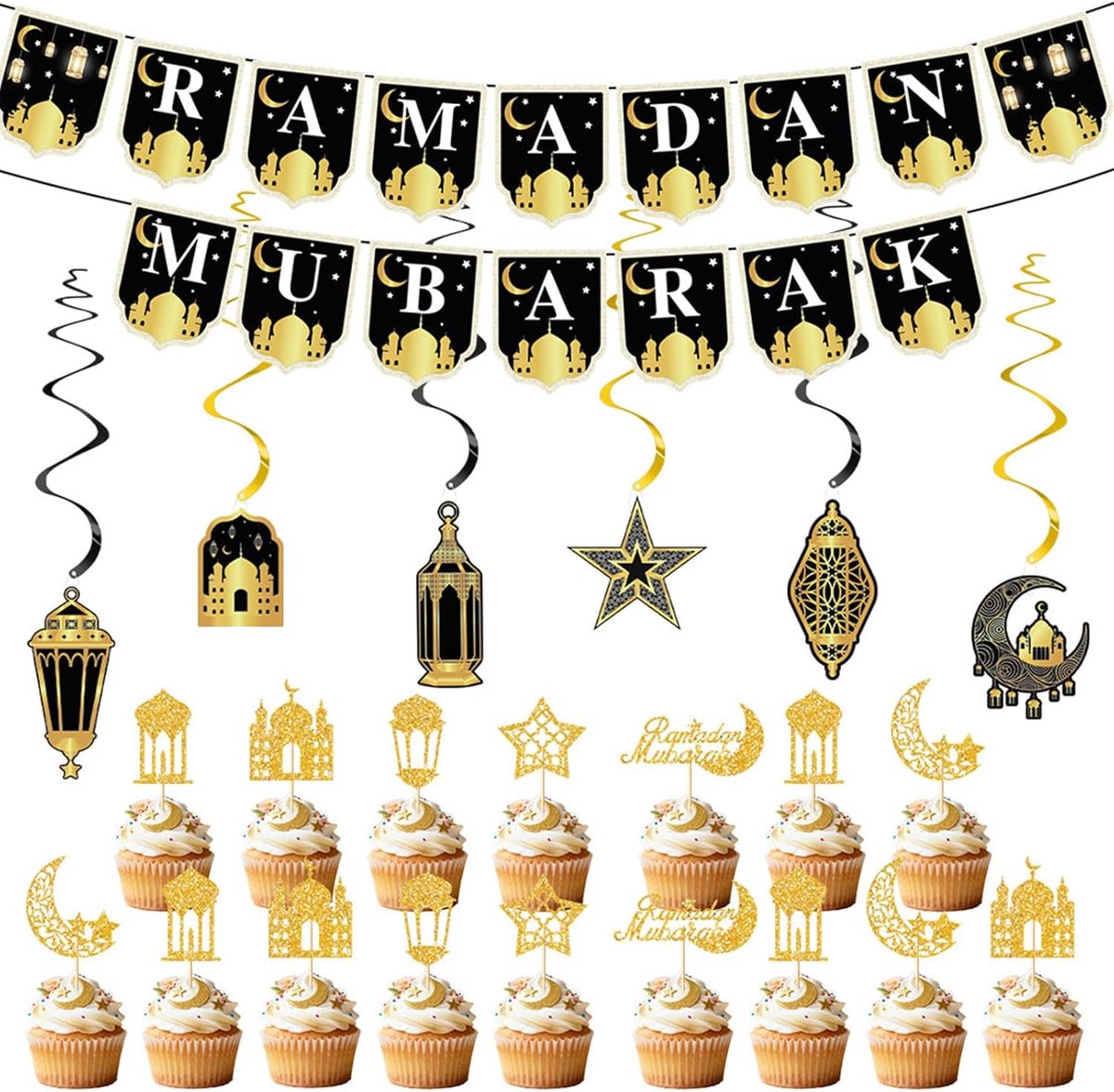 Ramadan Mubarak decoraties set - banner, hangende lantaarns - cake toppers - sfeervolle versiering voor thuis - ShopVlot