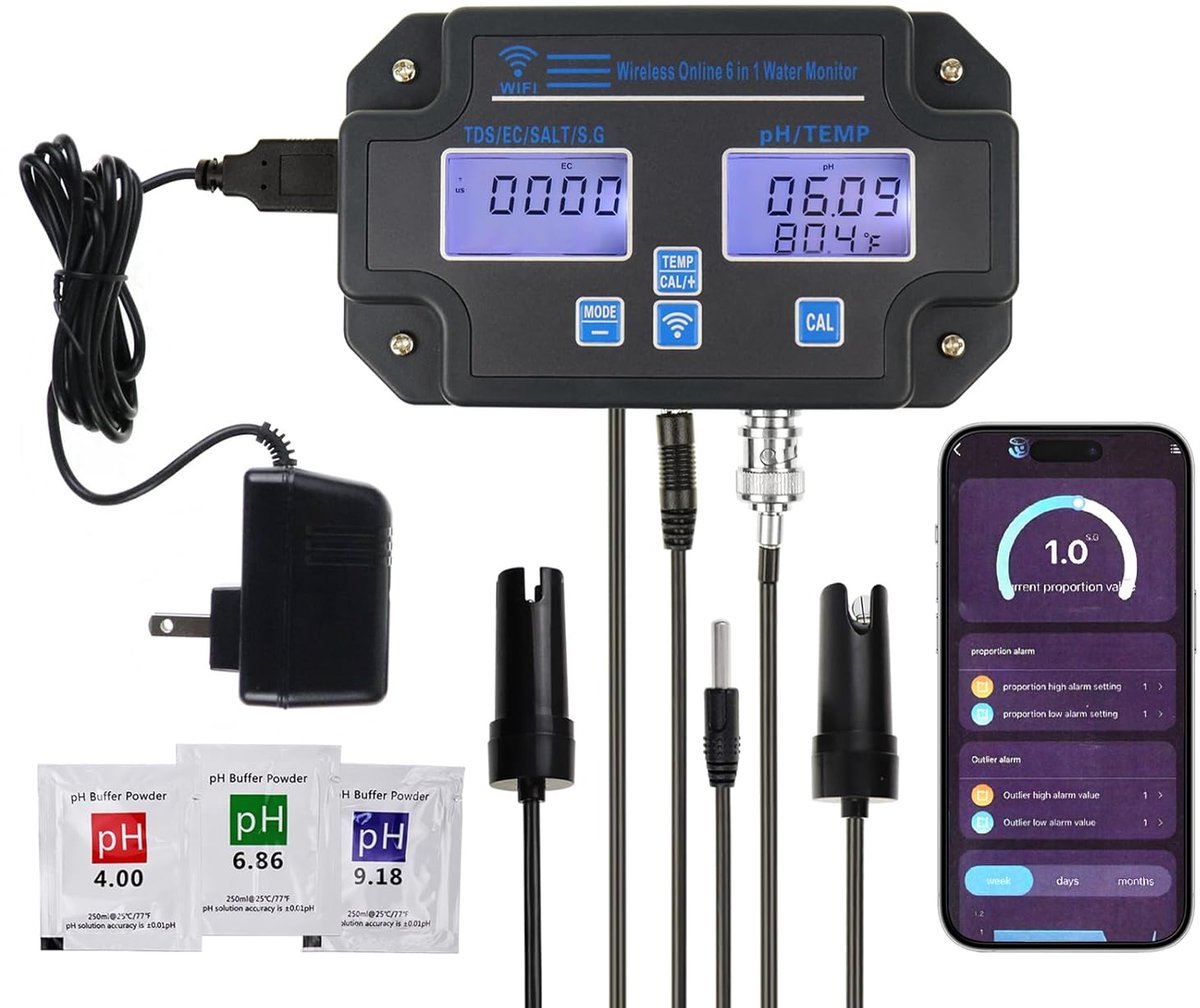 PH tester 6-in-1 - Draadloze Wi-Fi monitor - Meestert pH, EC, TDS, zout, SG, temperatuur - ShopVlot